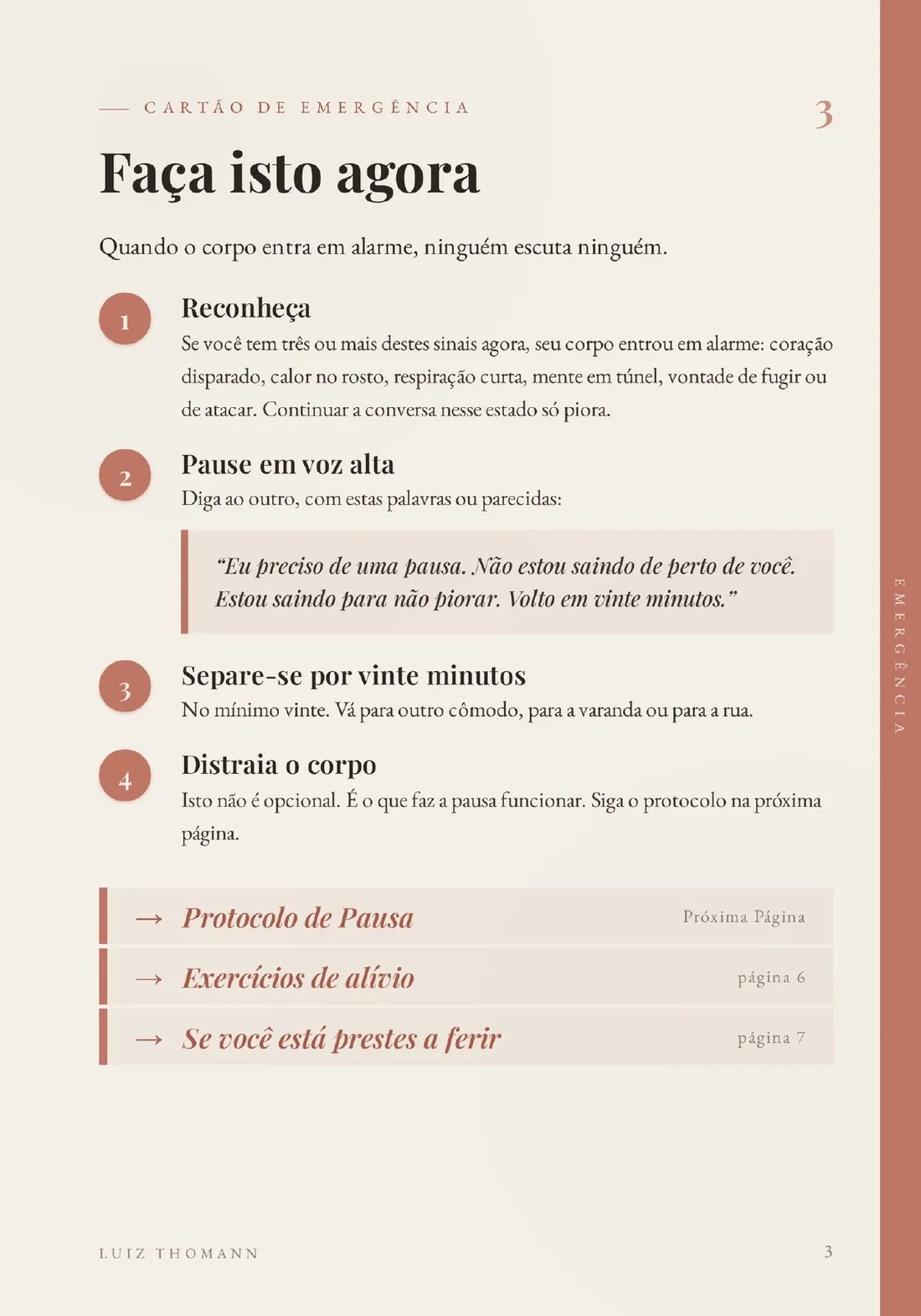 Página do Volume I: cartão de emergência com os quatro passos